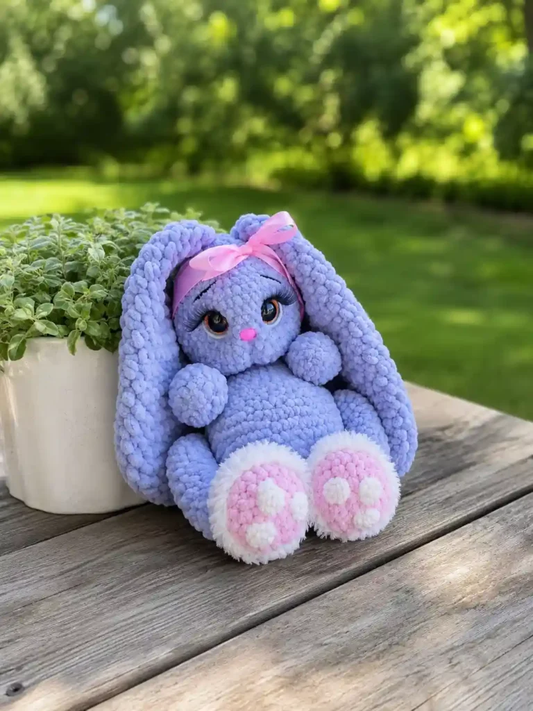 Purple chenille bunny from the bunny aily amigurumi free pattern, sitting on an outdoor wooden table next to a green plant.