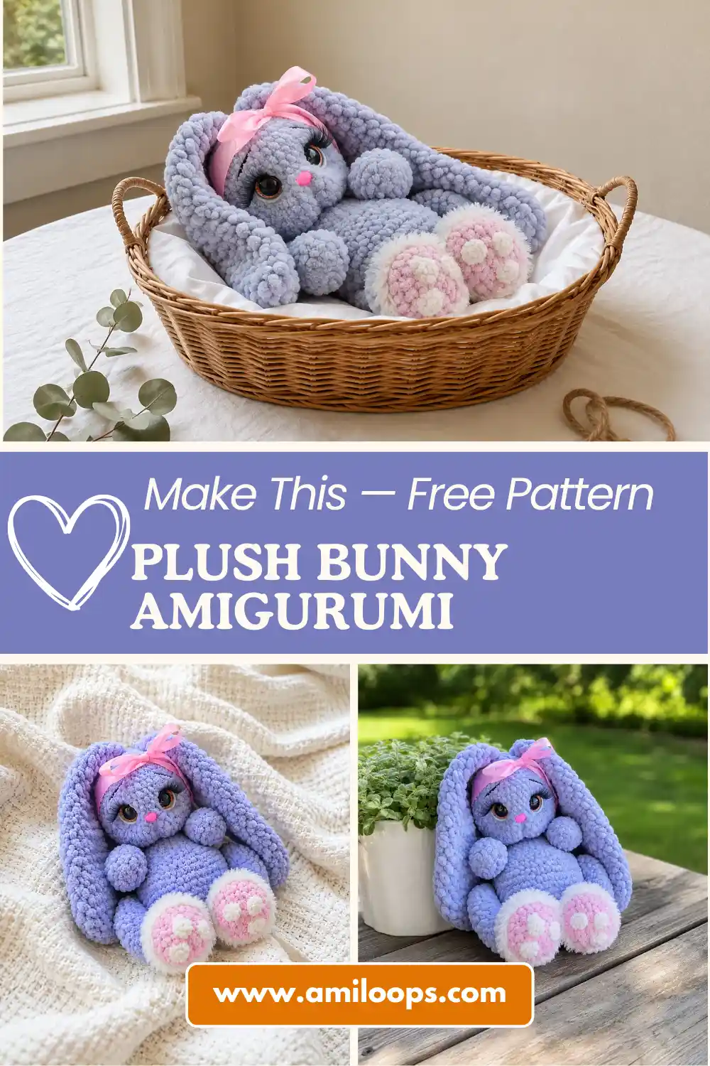 Fluffy purple plush toy sitting on a beige couch, made using the bunny aily amigurumi free pattern.