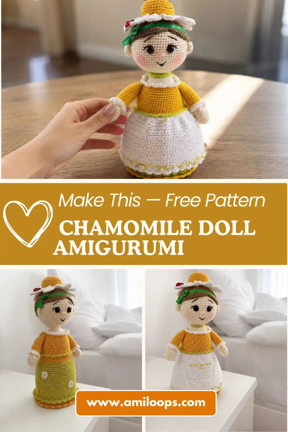Two matching yarn dolls sit on a white desk showcasing the chamomile doll amigurumi free pattern with flower hats.