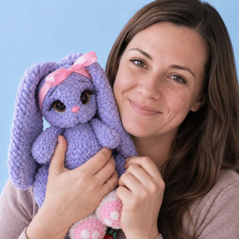 Chloe from AmiLoops holding a purple crochet bunny with pink bow and kawaii details.