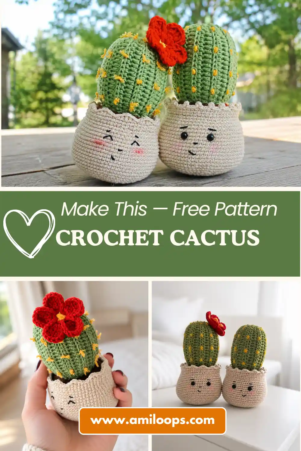 Vertical view of two green crochet cactus toys with yellow flowers and faces sitting on a sunlit window sill.