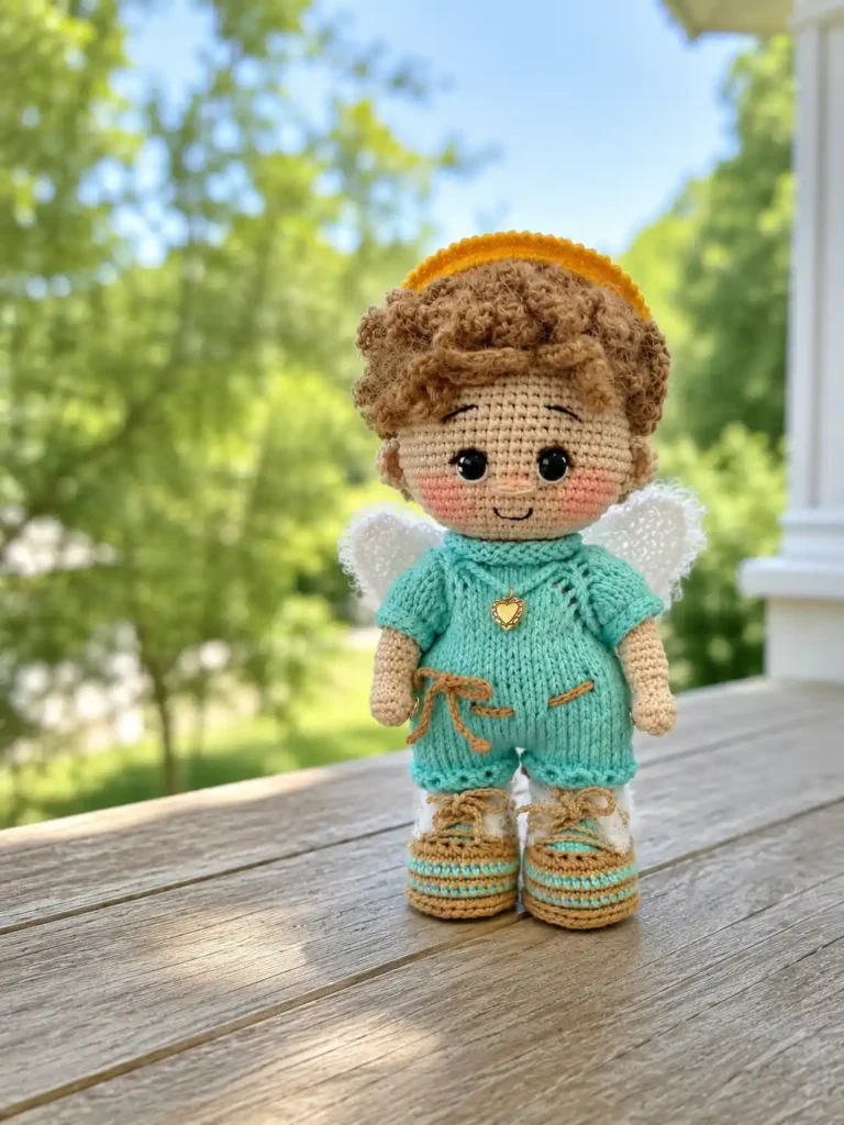 The crochet angel baby doll amigurumi pattern free standing on a wooden deck outdoors against a sunny green background.