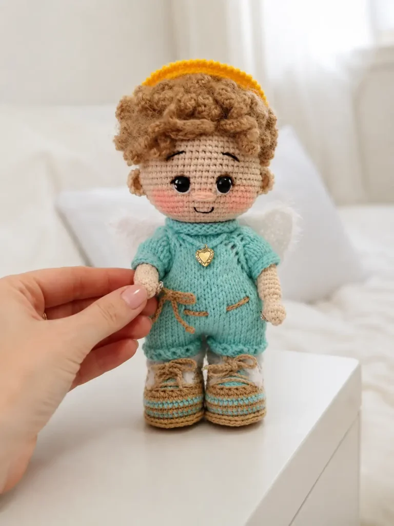 Hand holding the crochet angel baby doll amigurumi pattern free, featuring blue knitted overalls, curly hair and wings.