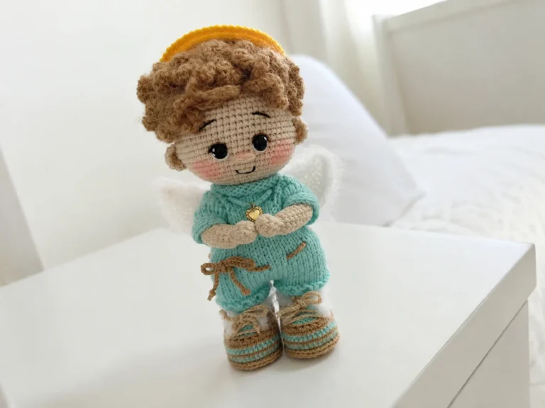 A small crochet angel baby doll amigurumi with white wings, golden halo, and curly wig, held in a hand.