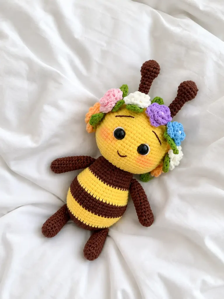 Alt text: Handmade crochet bee pattern toy with yellow stripes sitting upright against a textured sofa cushion.