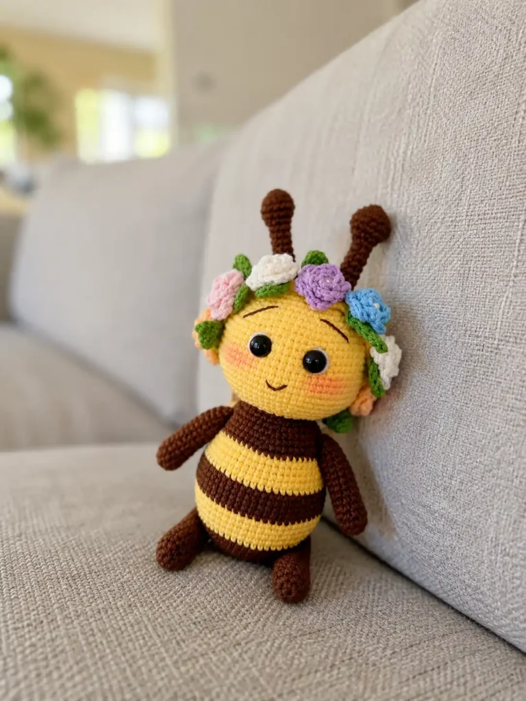 Alt text: Handmade crochet bee pattern toy with yellow stripes sitting upright against a textured sofa cushion.