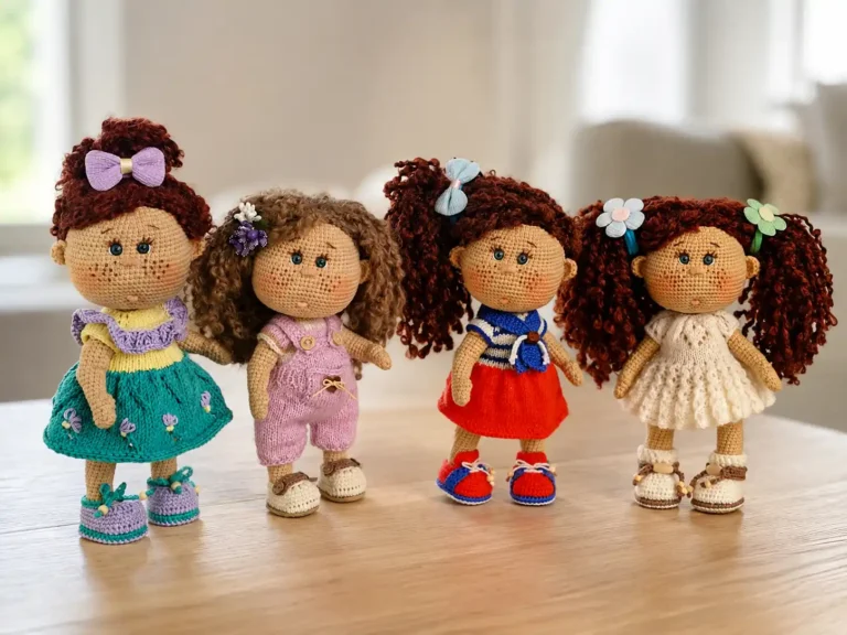 Close-up of a crochet doll wig made with brown boucle yarn showing curled texture.