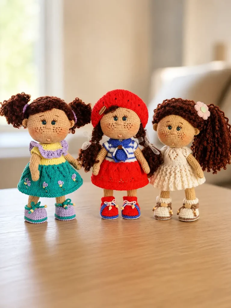 Three dolls in teal, red, and white on a wooden table displaying hair from a crochet boucle yarn wig free pattern.