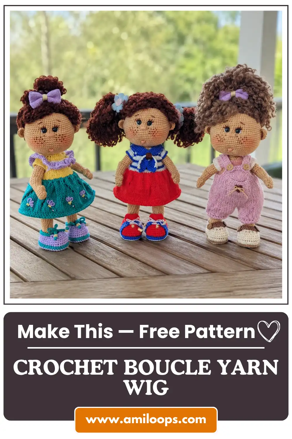 Four dolls in colorful dresses on an indoor table showing brown curls from a crochet boucle yarn wig free pattern.