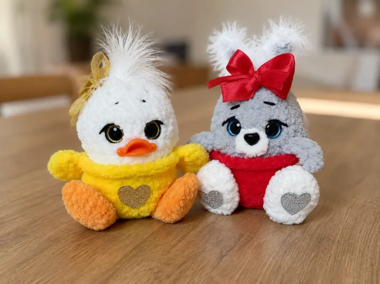 A white and yellow crochet duck and a gray crochet bunny with a red bow, held in two hands.