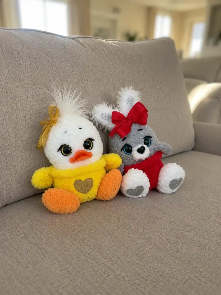 Plush grey bunny and white duck crocheted toys from the crochet bunny and duck easter eggs free pattern on a couch.