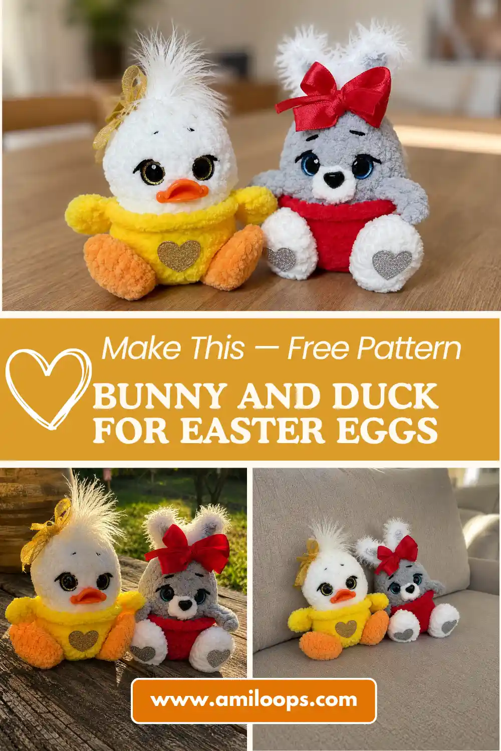 Hands holding the fluffy plush crochet bunny and duck easter eggs free pattern toys featuring white, yellow and grey yarn.