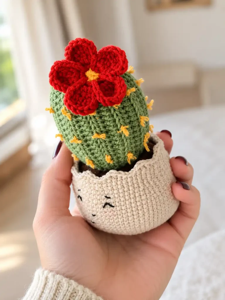 A hand holding a green amigurumi cactus with a red flower, created using a crochet cactus toy free pattern.