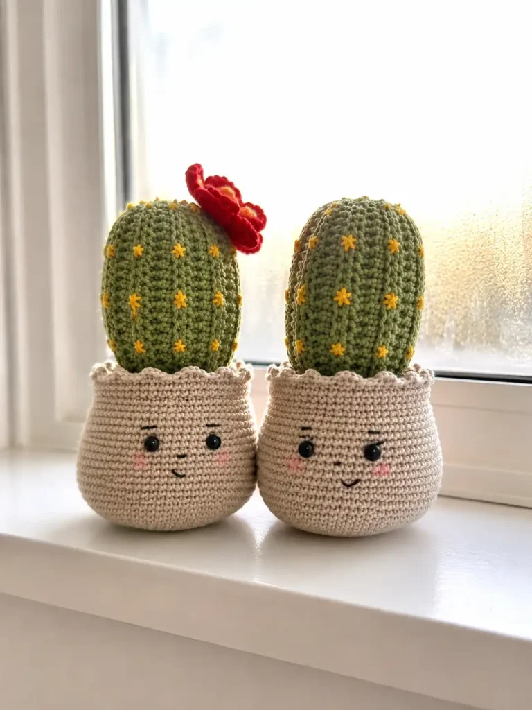Two green amigurumi cacti sitting on a windowsill, made from our crochet cactus toy free pattern.