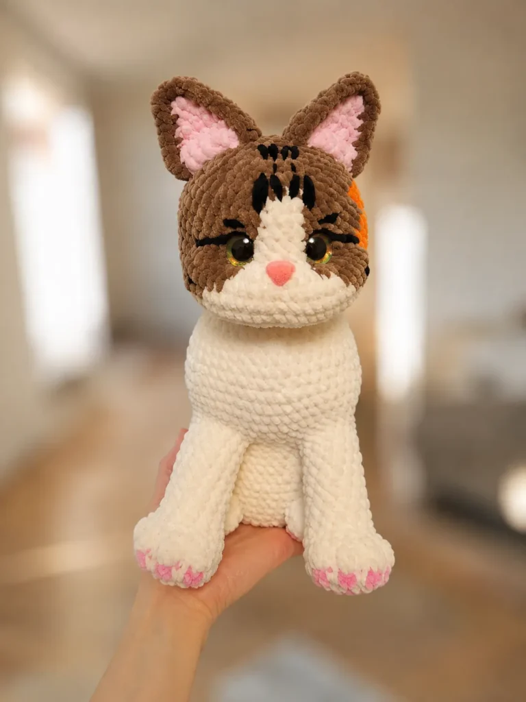 Front view of a plush crochet cat amigurumi free pattern held indoors, showing a sculpted face, big eyes and a pink nose.