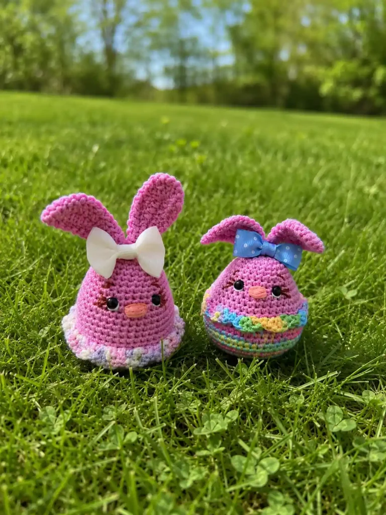 Two pink crocheted Easter bunny amigurumi figures sitting on bright green grass, featuring white and blue ribbon bows with embroidered facial details and ruffled melange skirts.