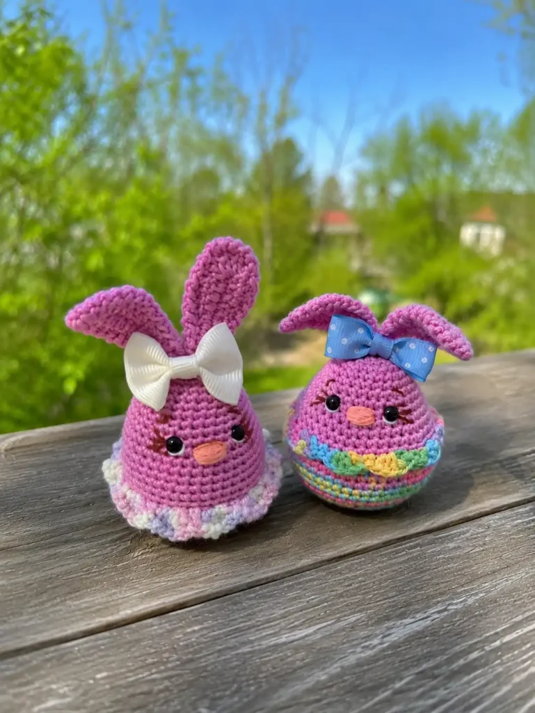Two bright pink crocheted Easter bunny amigurumis with ribbon bows and ruffled pastel edges sitting together on a weathered wooden surface outdoors.