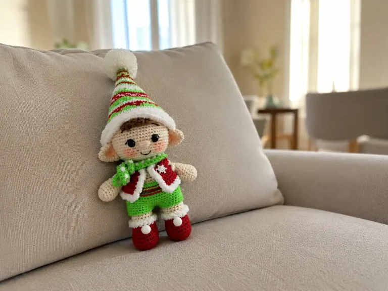Hand holding a cute crochet elf amigurumi free pattern doll made with red and green yarn against a soft room backdrop.