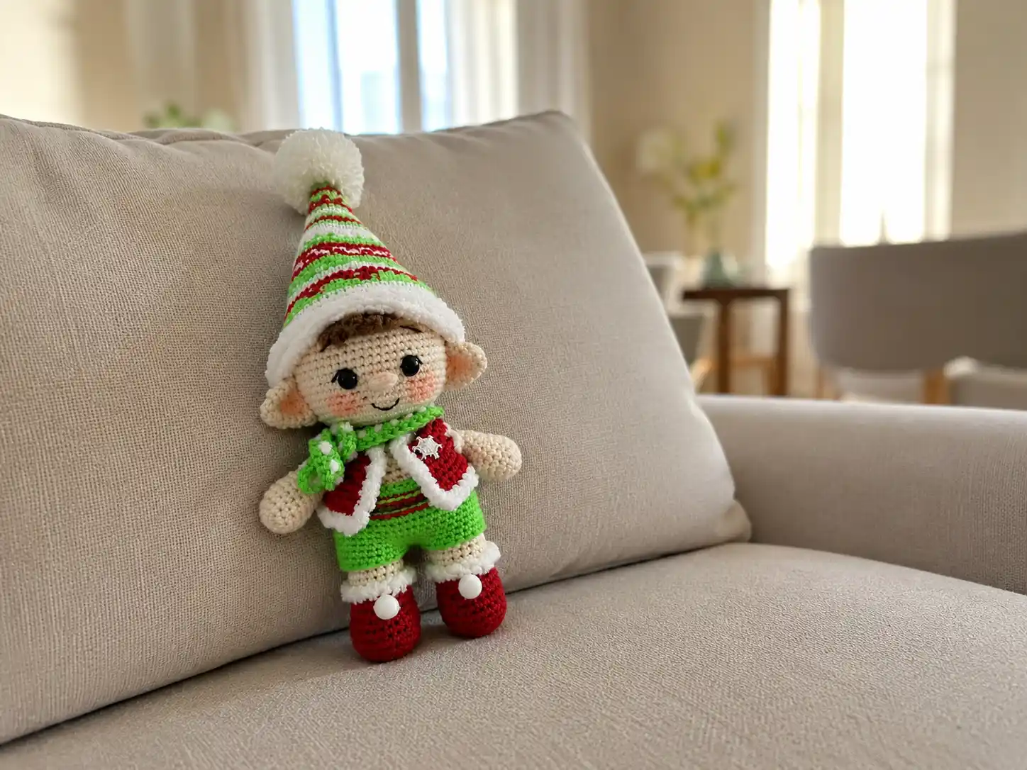 Hand holding a cute crochet elf amigurumi free pattern doll made with red and green yarn against a soft room backdrop.
