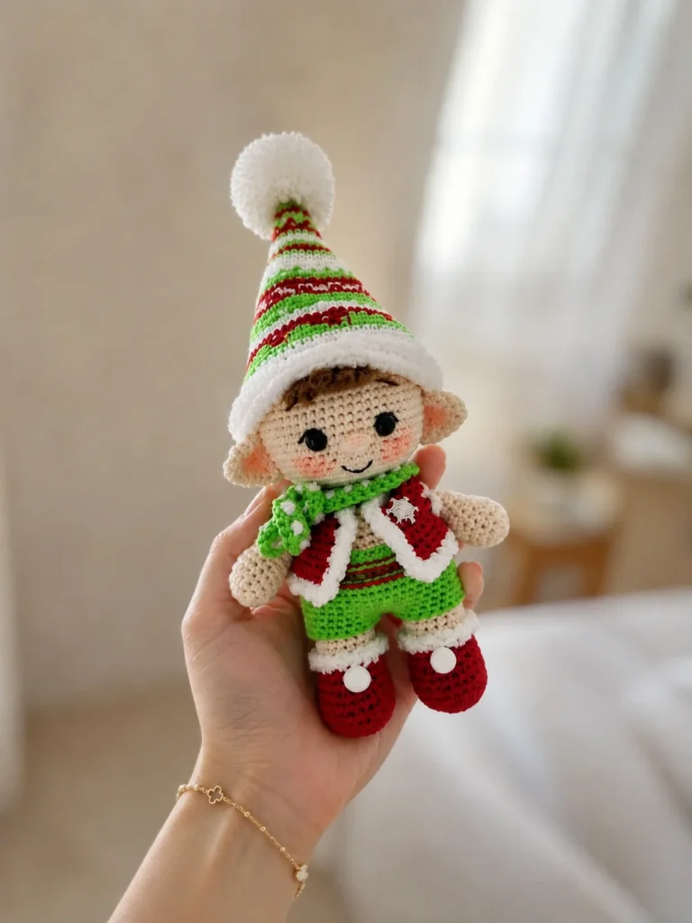 Hand holding a red and green yarn crochet elf amigurumi free pattern doll against a soft blurred room background.