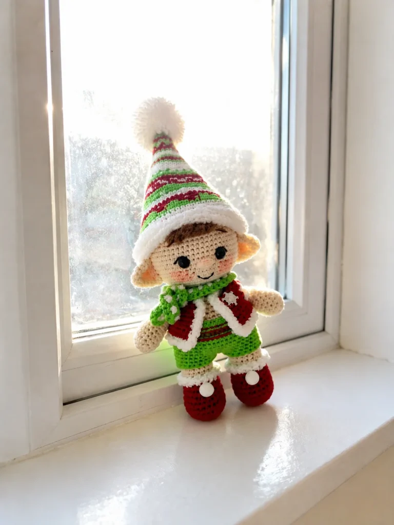 Crochet elf amigurumi free pattern toy in red and green yarn standing on a bright, sunny white windowsill.