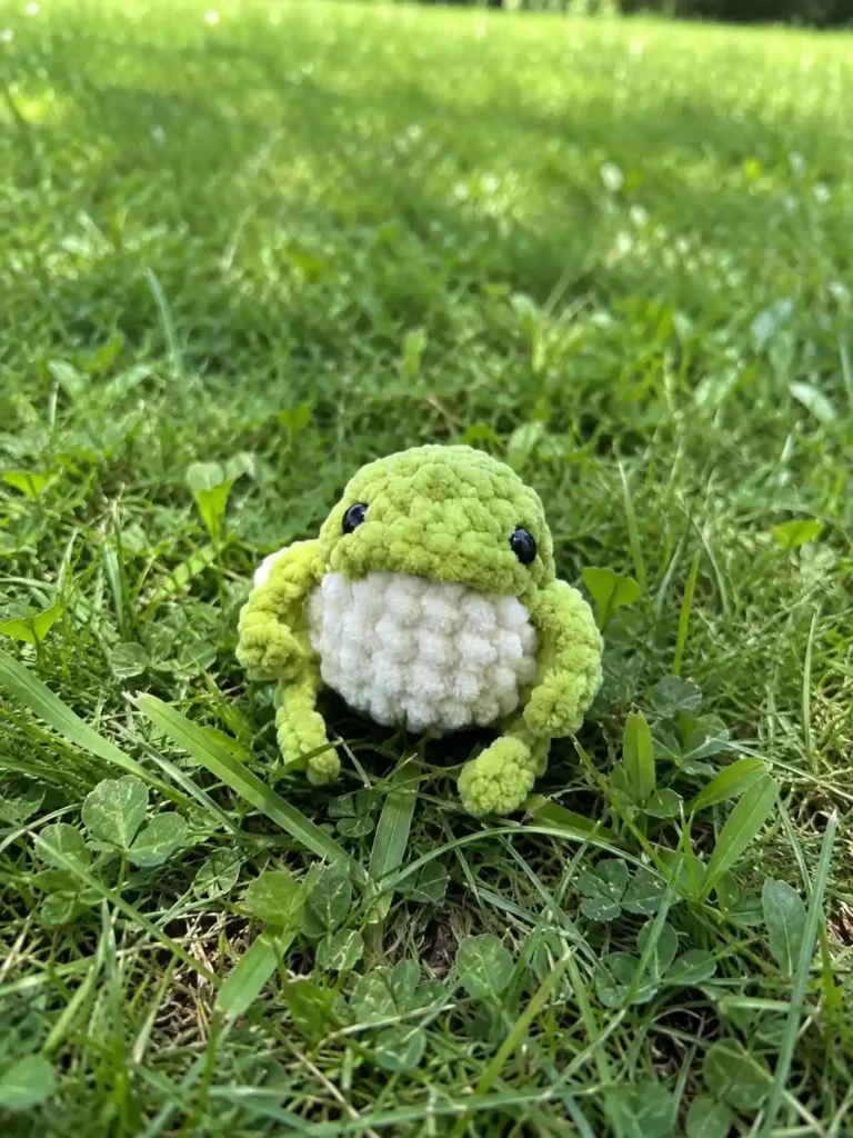 Small light green and white plush chenille crochet frog amigurumi with black safety eyes sitting outdoors on grass.
