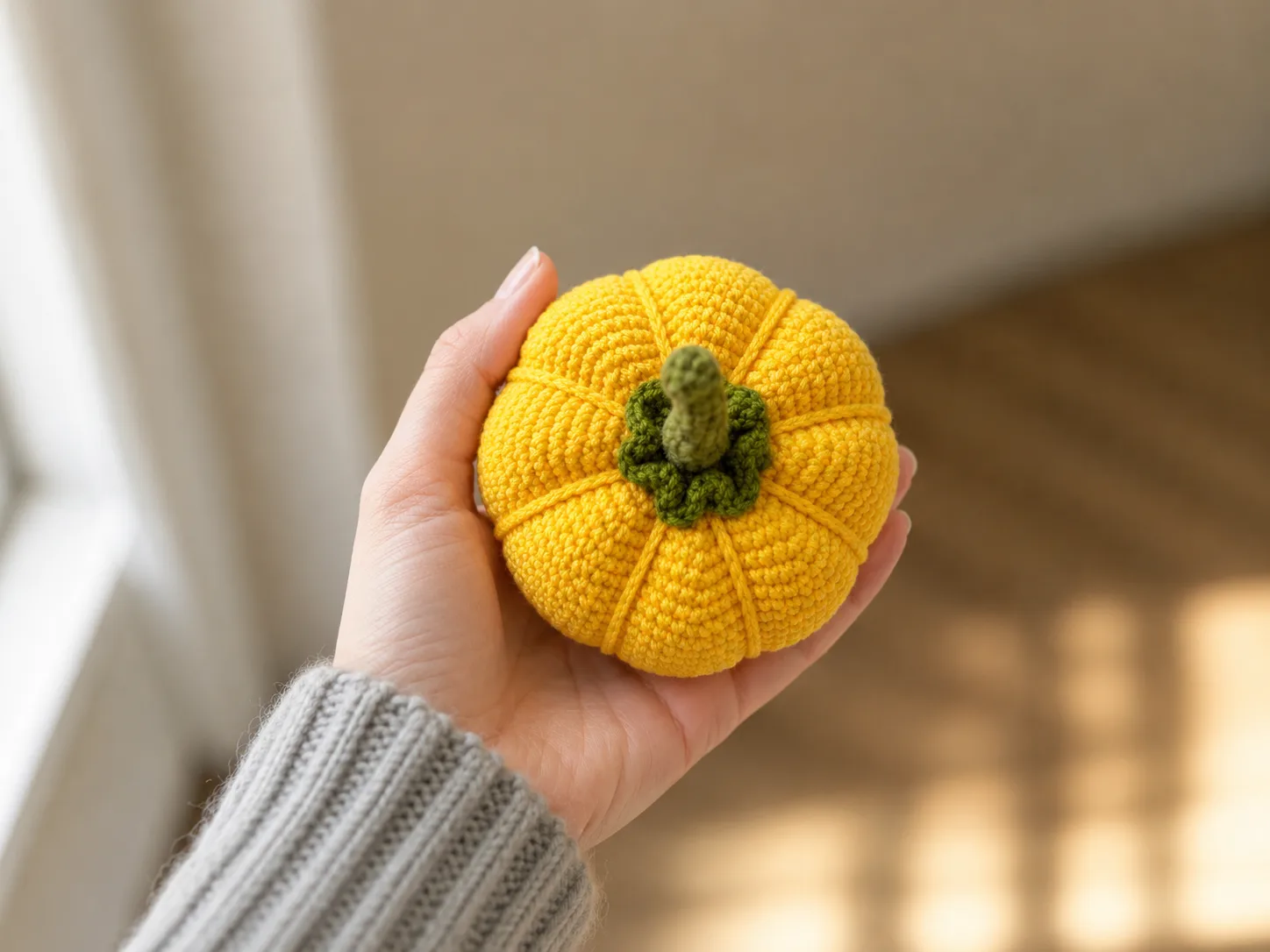 Yellow crochet pumpkin amigurumi with ribbed chain texture and a green button-topped stem on a white background.