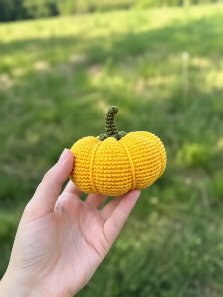 Hand holding a yellow amigurumi from our crochet pumpkin free pattern against a blurred green grass background outdoors.
