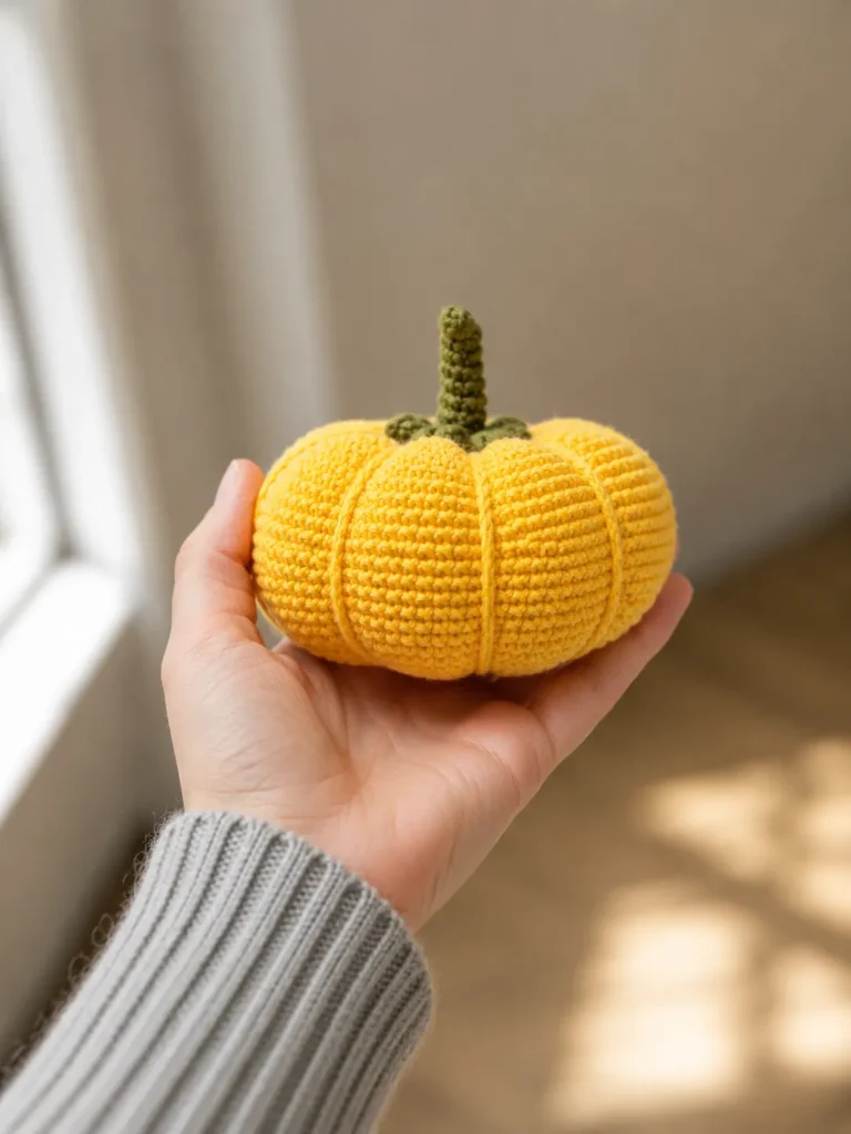 Hand in a grey sweater holding a yellow amigurumi from our crochet pumpkin free pattern indoors near a sunny window.