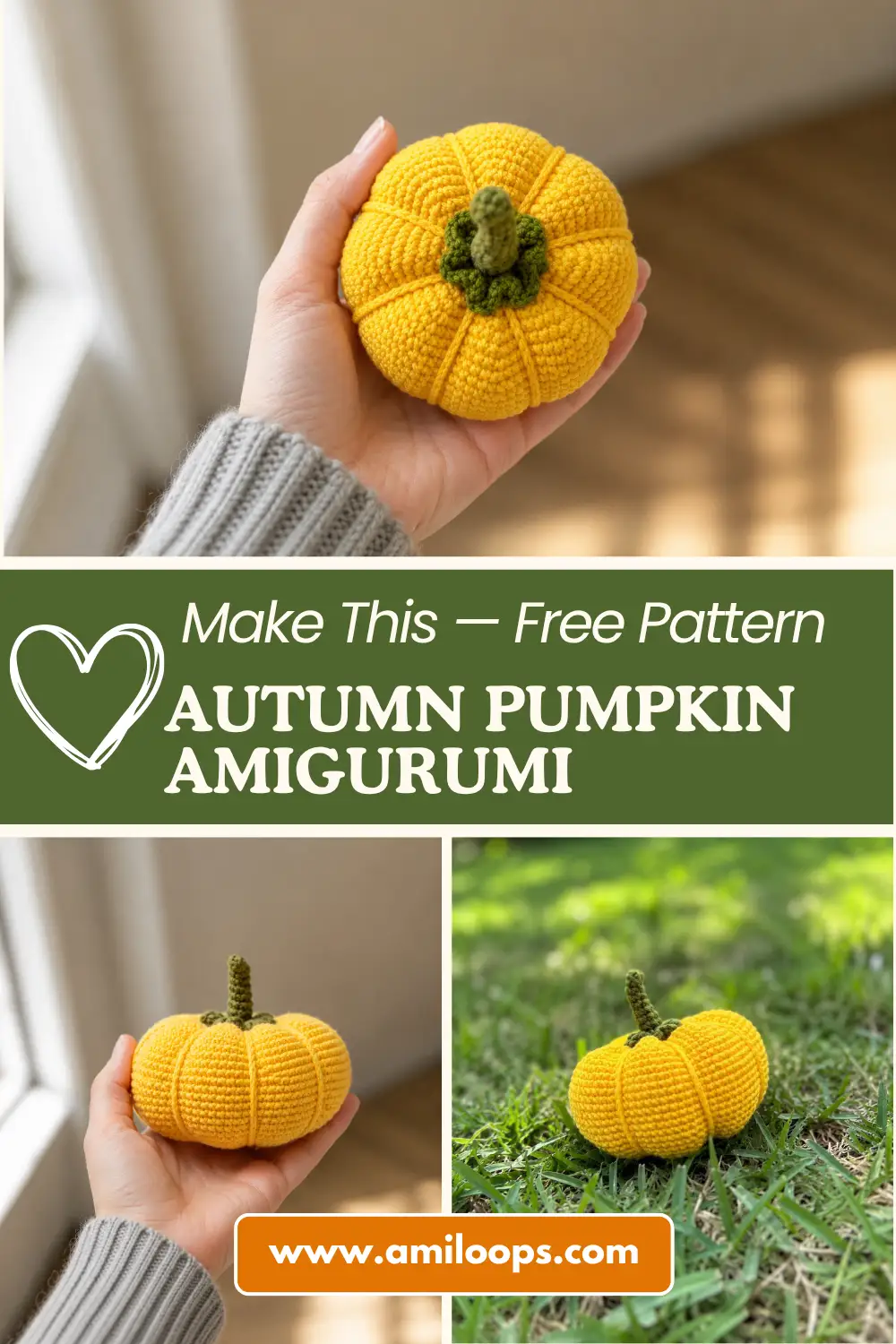 Save this crochet pumpkin free pattern on Pinterest and visit AmiLoops.com to start crocheting your own autumn pumpkins.
