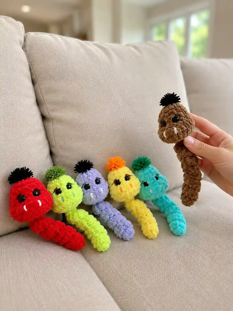 Hand holds a brown plush snake near five colorful yarn snakes on a beige couch. A cute crochet snake keychain pattern.