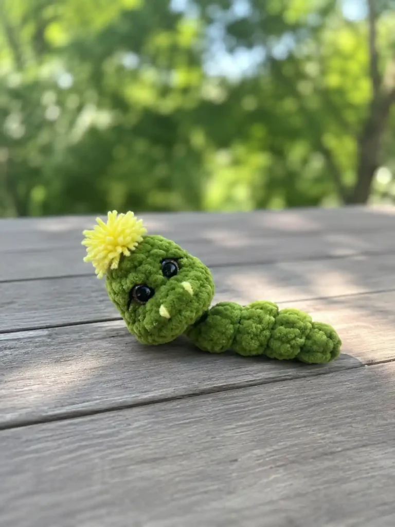 Single green plush yarn snake with yellow tuft lies on a wooden deck outdoors. A finished crochet snake keychain pattern.