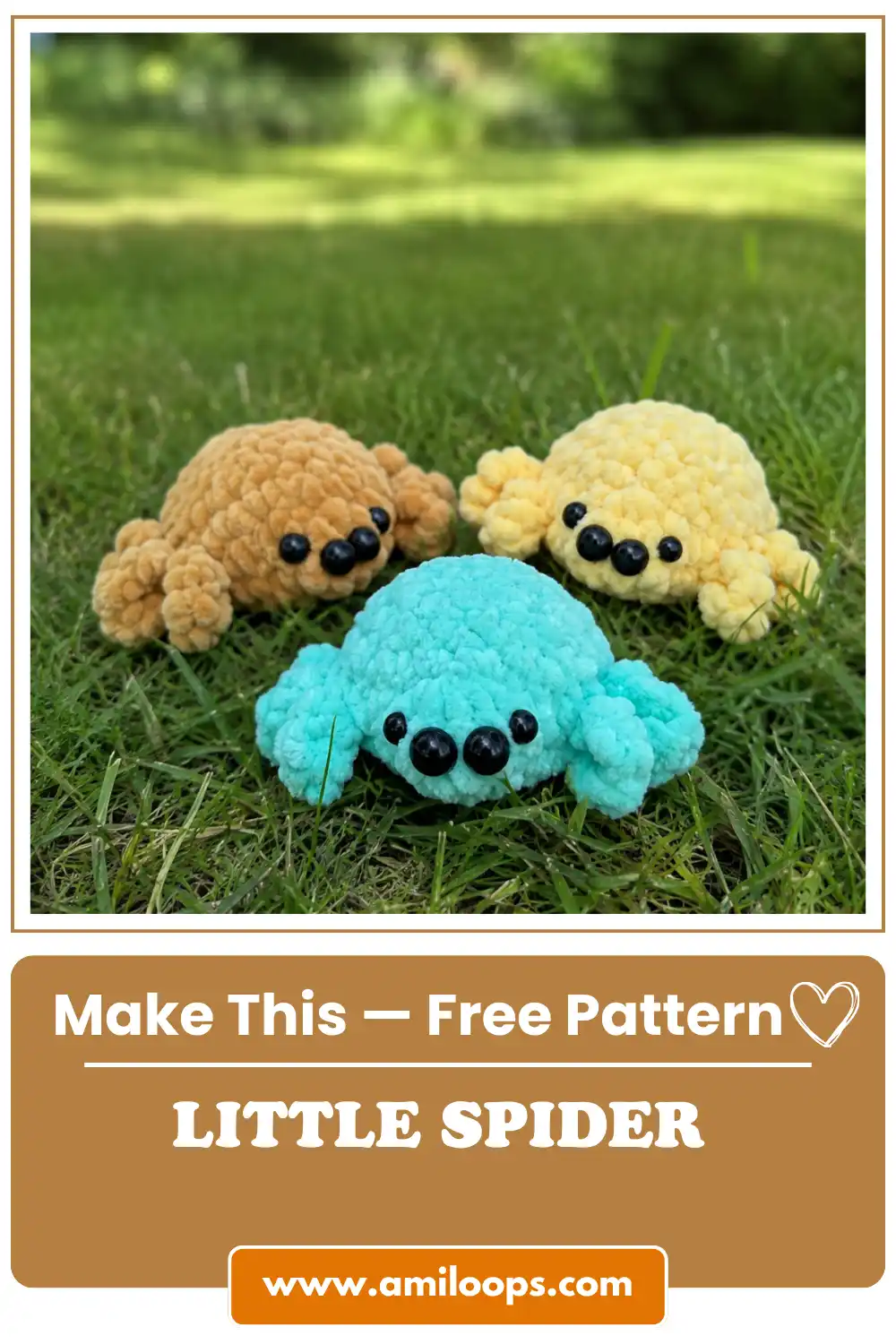 Three fluffy yarn toys in blue, brown, and yellow sitting on green grass made using a crochet spider amigurumi free pattern.