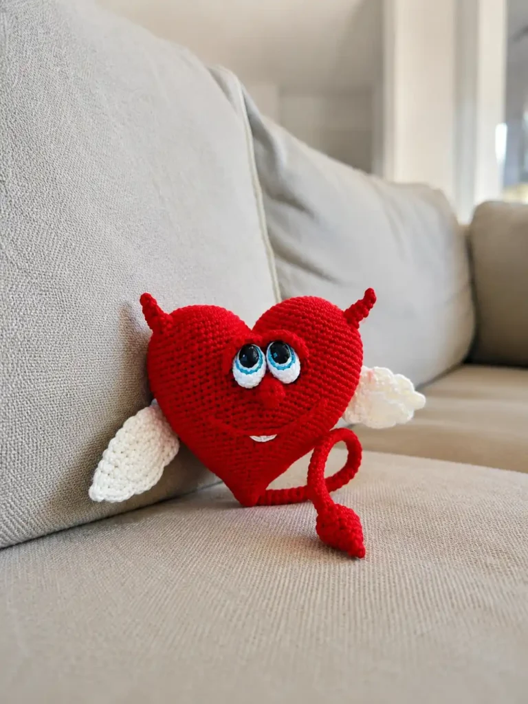 A red yarn toy from our crochet valentine heart free pattern with white wings, resting on a textured cream blanket.