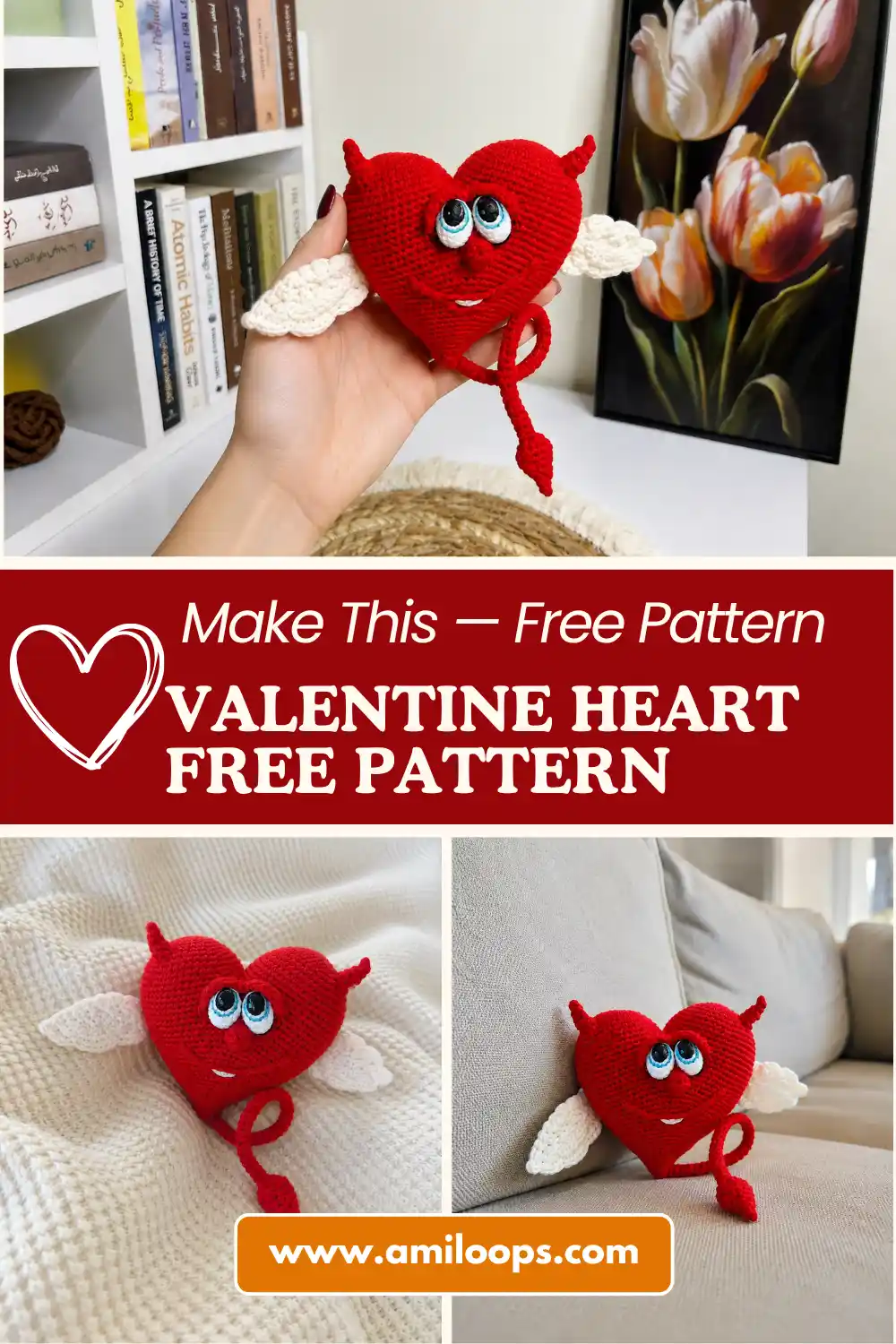 Hand holds a red yarn toy from our crochet valentine heart free pattern with white wings against a green nature backdrop.