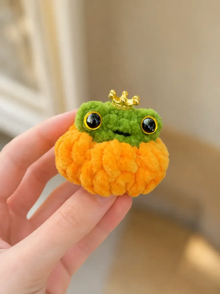 Hand holding a chenille frog in a pumpkin amigurumi pattern toy with green yarn, orange body, crown, against blurred wall.