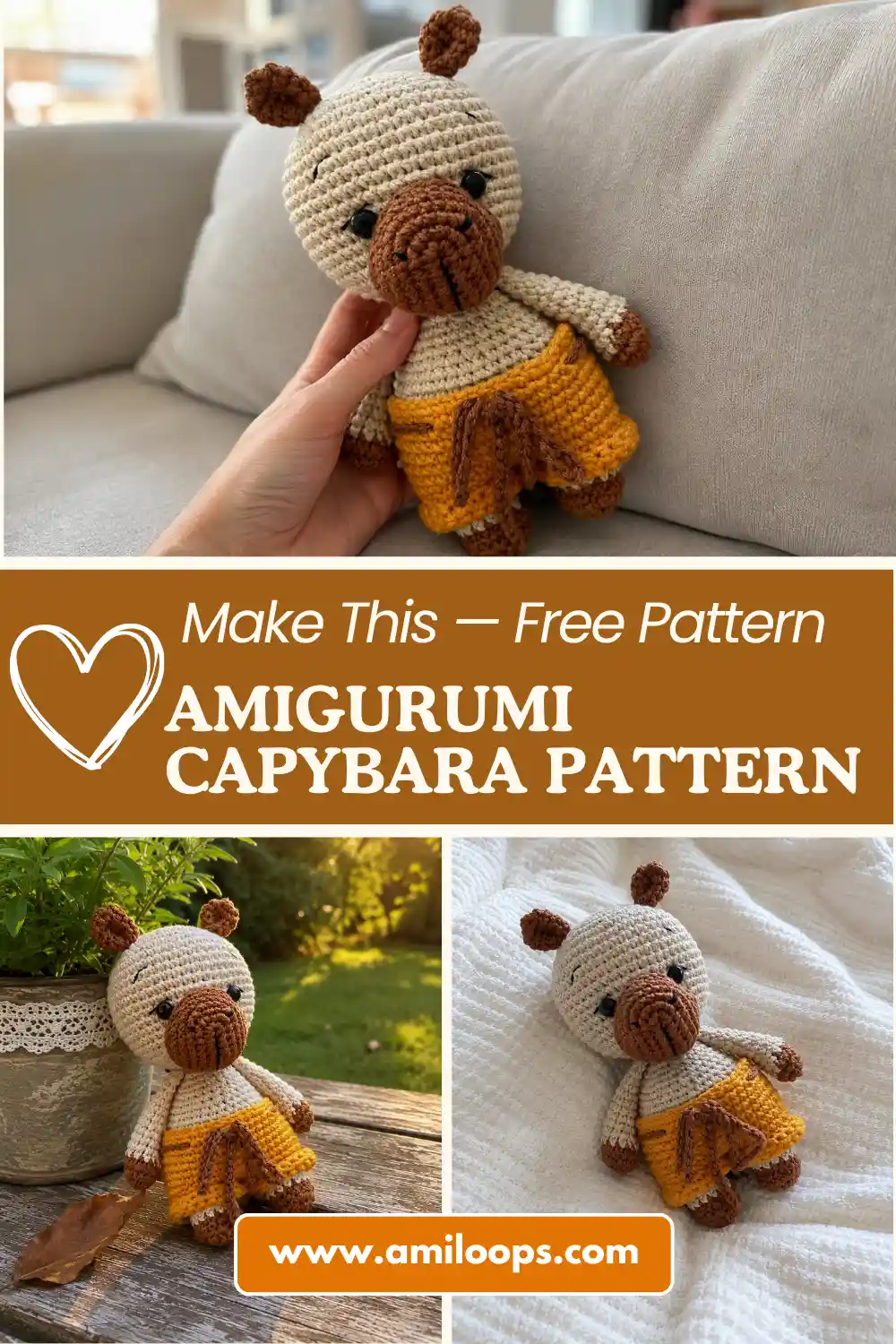 Hand in a pink sleeve holding an amigurumi capybara pattern toy with mustard shorts in a bright room.