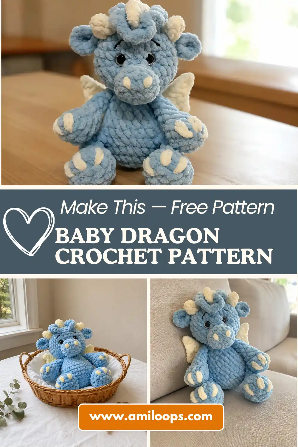 Blue chenille toy from a baby dragon crochet pattern free with cream claws sitting on an outdoor wooden slatted deck.