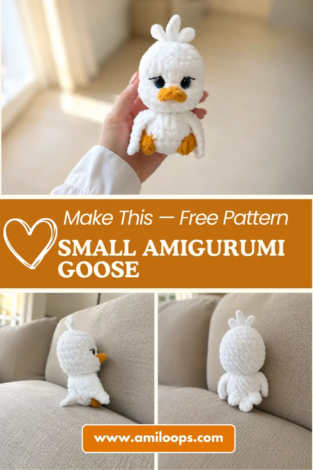 This amigurumi goose grows from a single continuous piece for the body and head, so the shape builds gradually instead of being seamed together from separate pieces afterward. Two shaped wings, a quick color change into yellow puff-stitch feet, a chain-loop tail, and a small crocheted beak round out the figure, with a soft tuft of yarn finishing the top of the head.