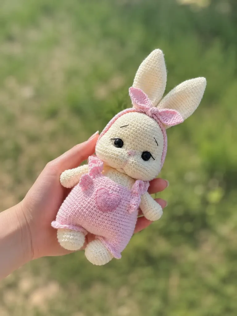 Bare hand holds the completed cute bunny amigurumi free pattern in pink overalls and a heart, outdoors against green grass.