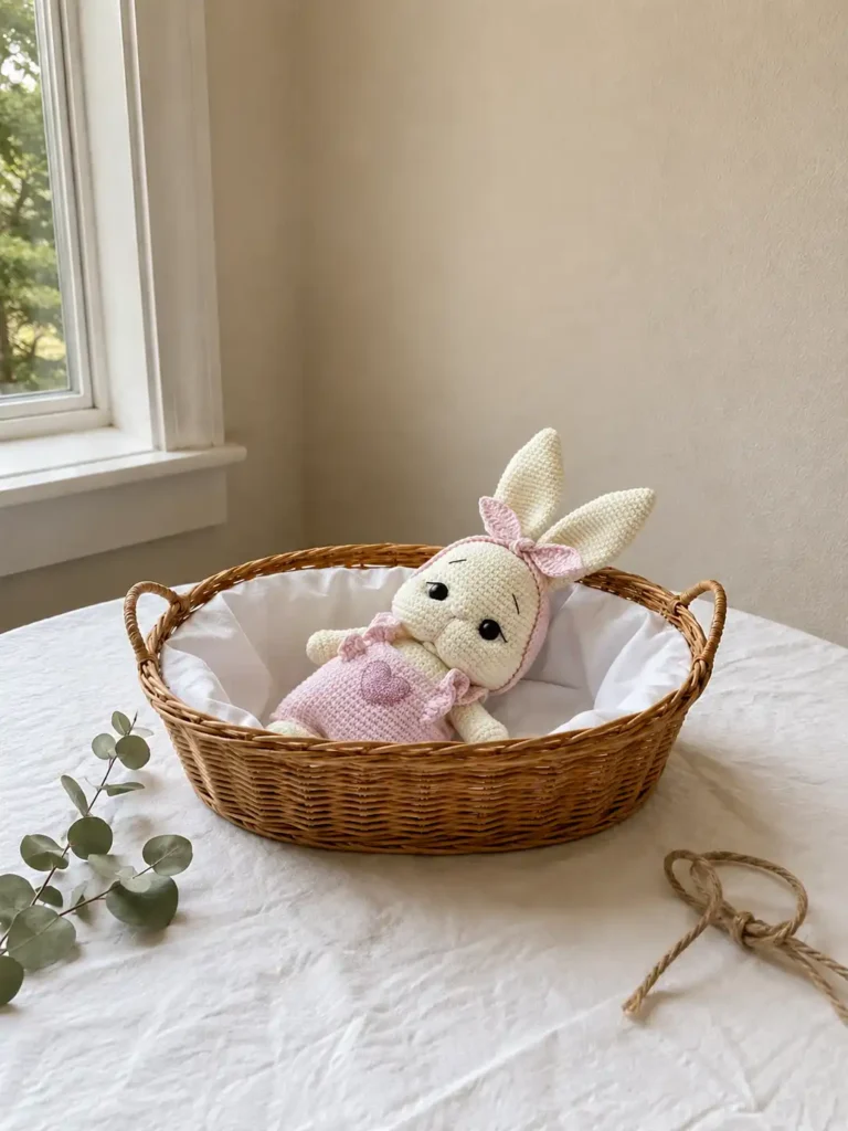 cute bunny amigurumi free pattern wearing pink overalls against a bright window in a basket.