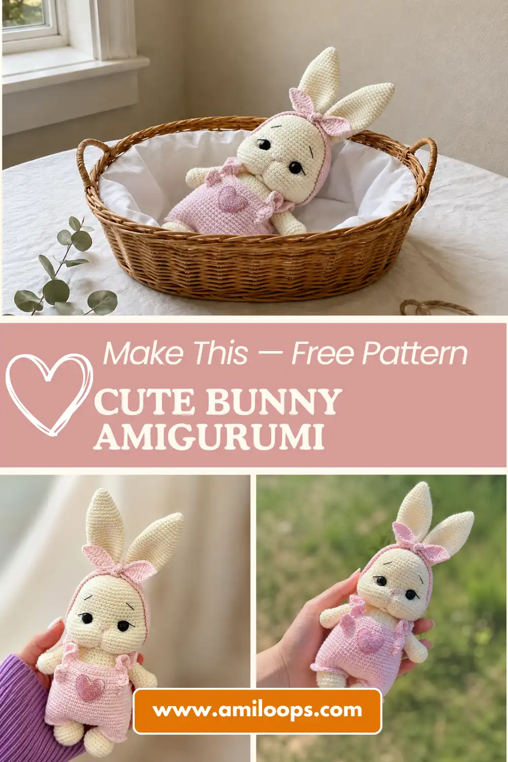 Hand in purple sleeve holds a cream toy over a couch. Try our cute bunny amigurumi free pattern with pink heart overalls.