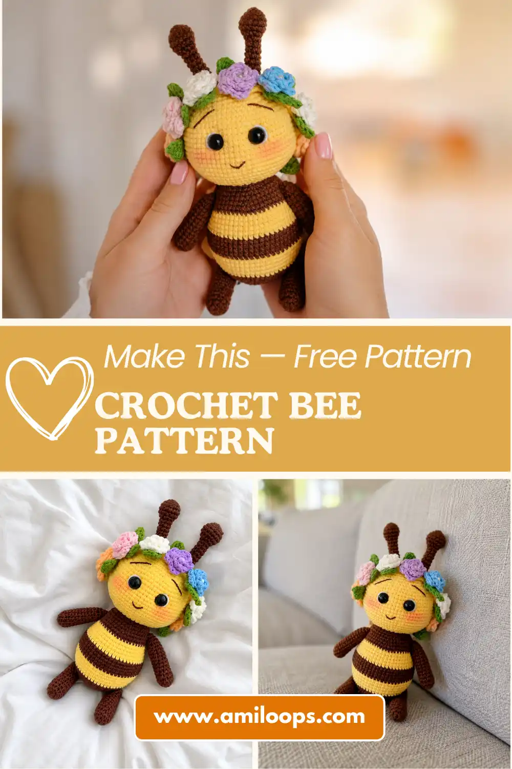 Amigurumi crochet bee pattern toy made with yellow and brown yarn and a pastel flower crown, lying flat on green grass.