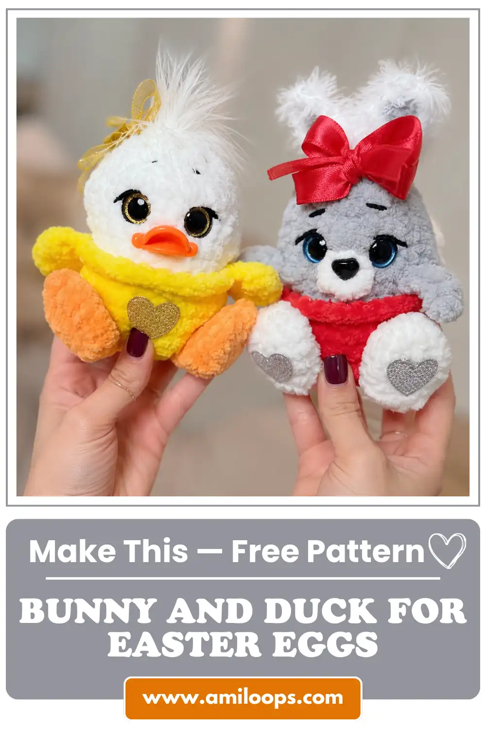 Hands holding the fluffy plush crochet bunny and duck easter eggs free pattern toys featuring white, yellow and grey yarn.