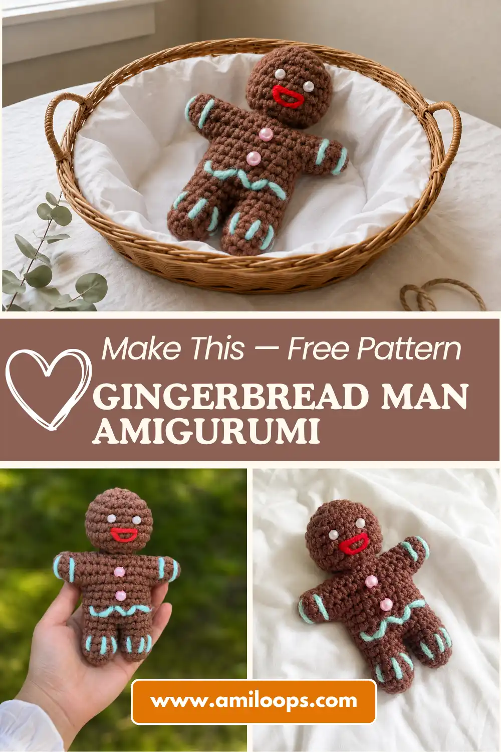 Crocheted brown gingerbread man amigurumi free pattern standing against a beige fabric couch, showing blue icing details.