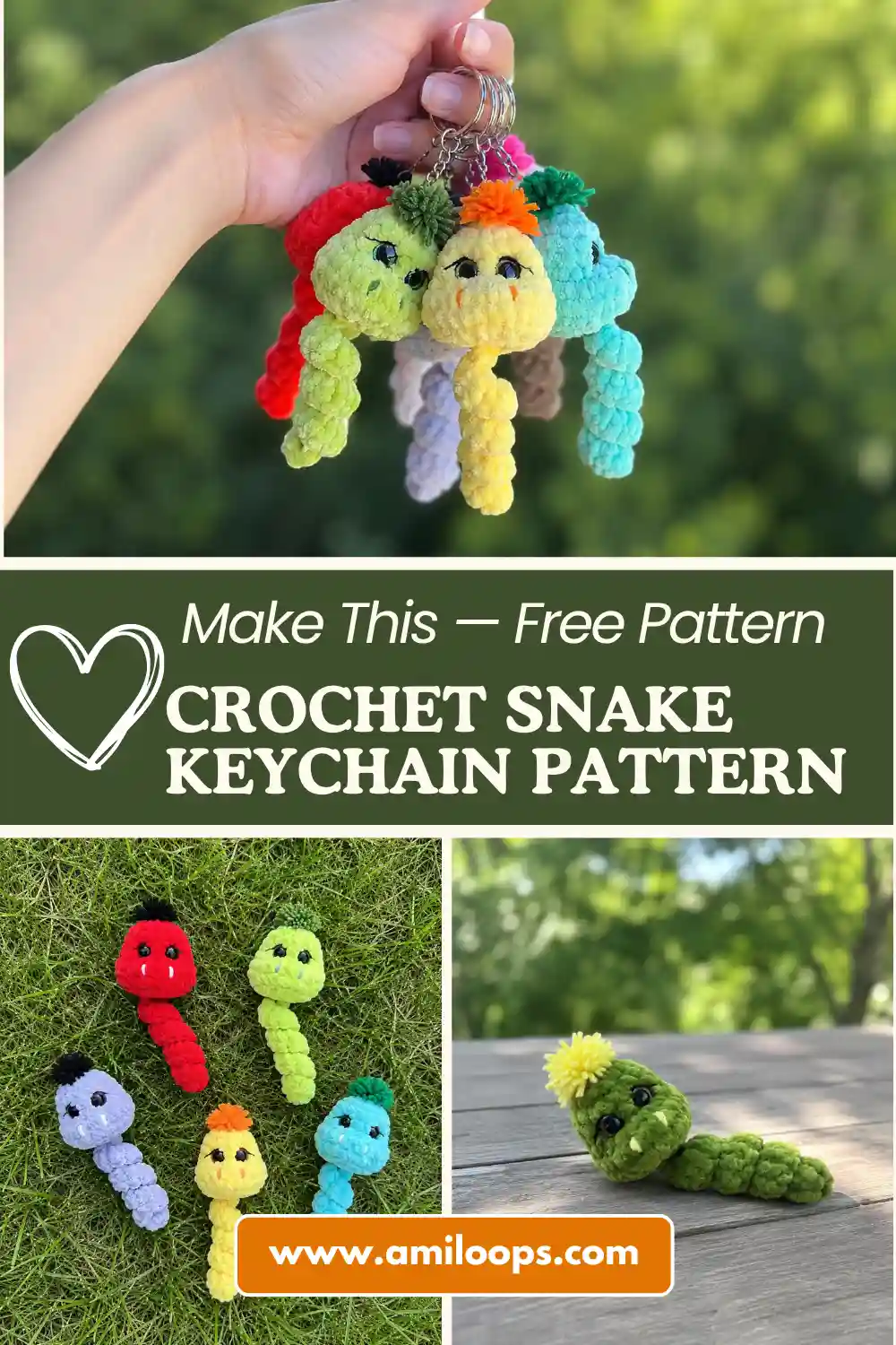 colorful plush yarn snakes lined up on a beige couch, hand holding a brown one. A cute crochet snake keychain pattern.