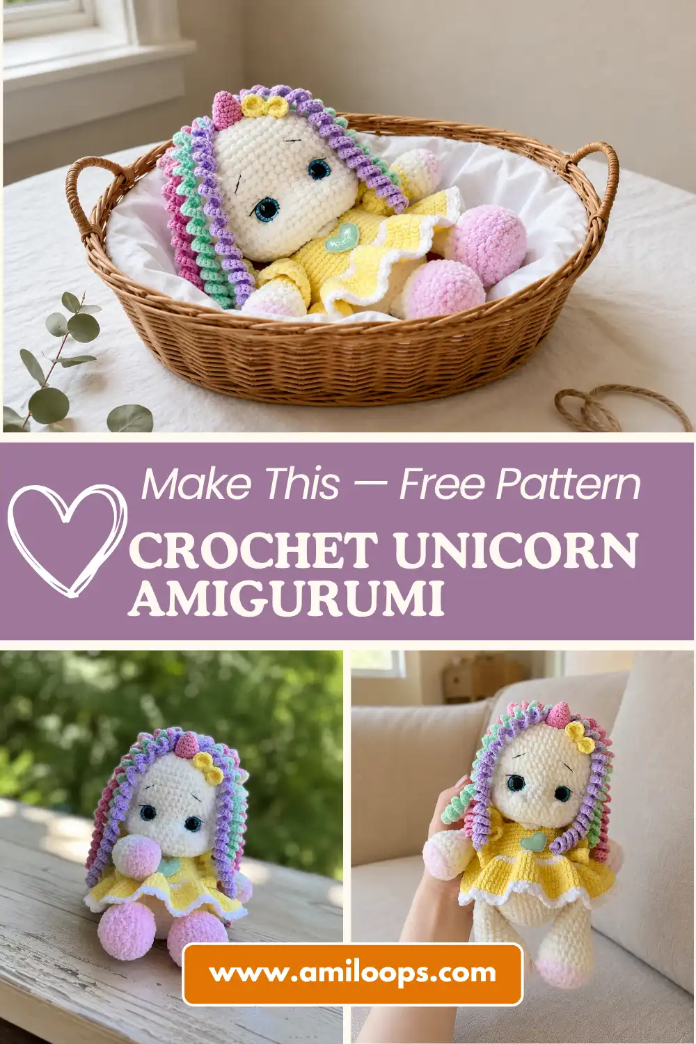 Hand holding a white chunky yarn doll with a yellow dress outdoors. Try our crochet unicorn amigurumi pattern free today.