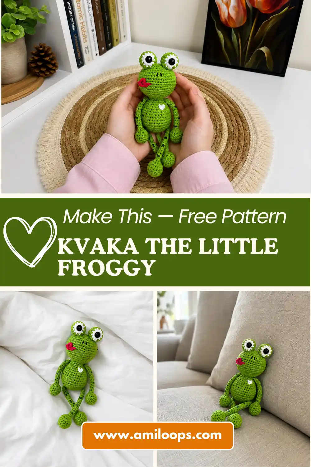 Hand holding a green yarn kvaka the little froggy free crochet pattern outdoors against a blurred grass background.