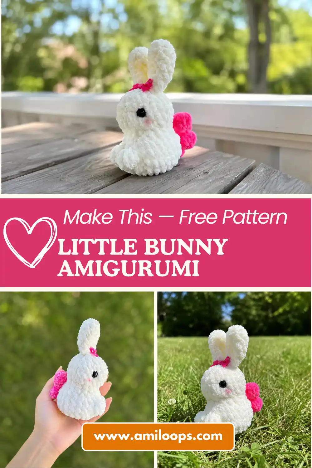Hand holding a white plush little bunny amigurumi free pattern featuring a pink bow and tail indoors near a window.