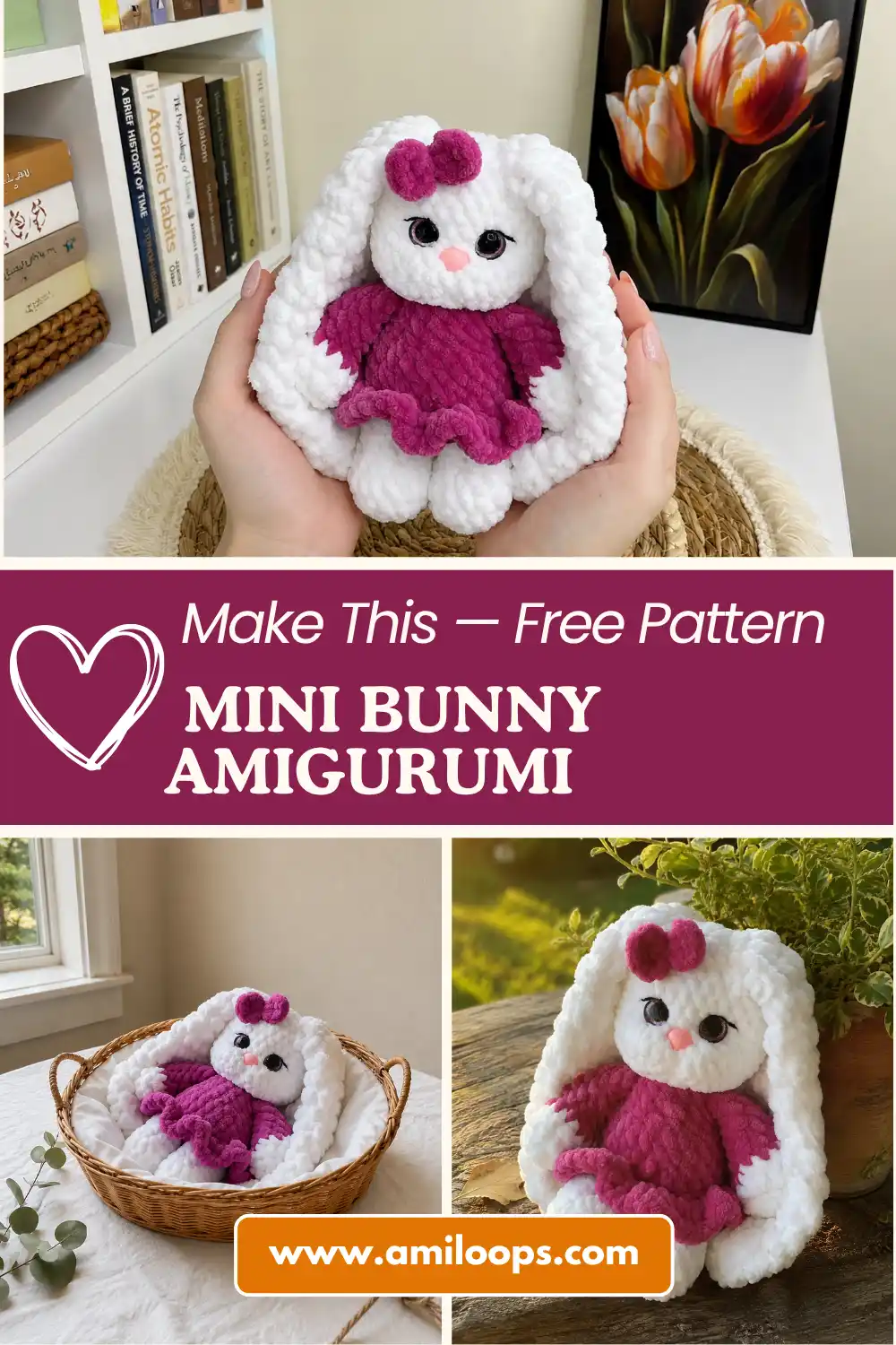 A hand holds a white mini bunny amigurumi free pattern wearing a magenta dress made of thick velvet yarn, soft background.